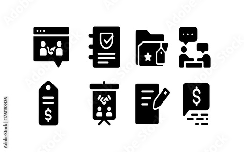Business and communication solid icon set. Office, teamwork, finance icon collection