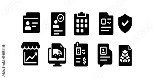 Business, management solid icon set. Corporate, office management icons solid collection