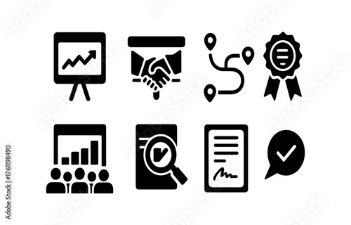 Business communication solid icon set. Charts, handshake, path solid icons collection.