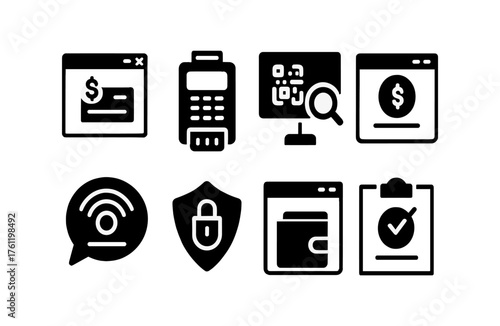 Financial technology solid icon set. Payment, security, digital banking, wallet icons