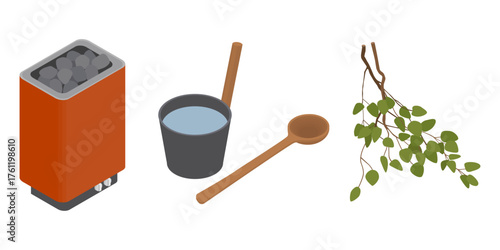 Equipment for traditional sauna ritual - hand drawn isometric vector illustration.