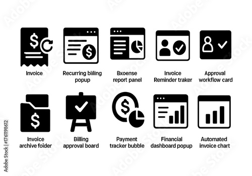 Finance and billing solid icon set. Invoice, payment, workflow solid icons collection