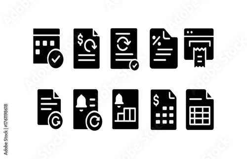 Finance and accounting solid icon set. Transaction, budgeting icons for business tools