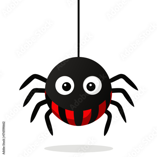 Cute cartoon spider character with big eyes and a striped belly hanging