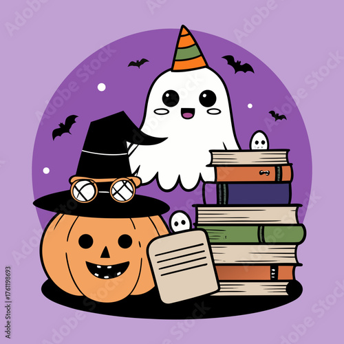 Cute halloween characters enjoying books and bats on a purple background
