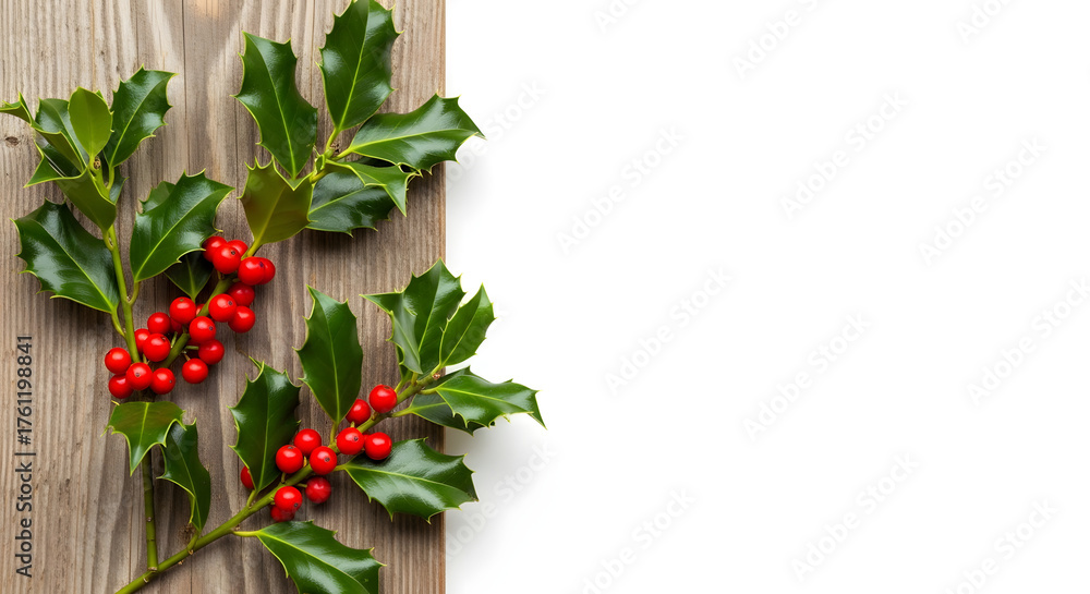 Fototapeta premium Holly leaves and red berries arranged on rustic wooden table 