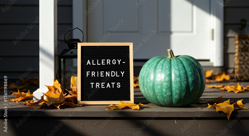 Fototapeta premium Allergy-friendly treats sign with teal pumpkin on porch in autumn