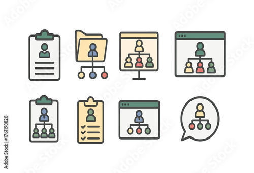 Business management flat icon set. Organizational, workflow, strategy icons collection