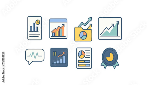 Analytics and data flat icon set. Charts, graphs, and statistics icons collection