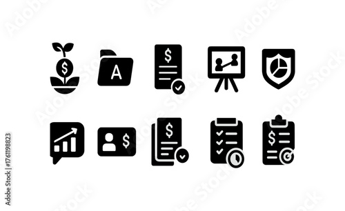 Finance and business solid icon set. Money management, growth and analytics collection