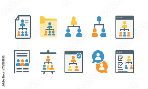 Organizational structure icon set, flat design. Teamwork, management icons collection.