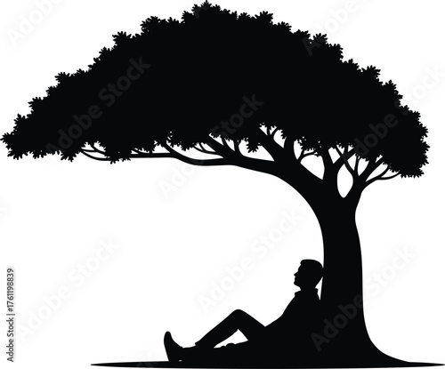 Person relaxing under tree silhouette cartoon illustration, symbolic solitude and expressive gesture artwork for lifestyle and emotional design