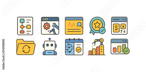 Business and technology flat icon set. Workflow, automation, analytics icons collection