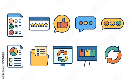 Business and productivity flat icon set. Workflow, communication icons collection.