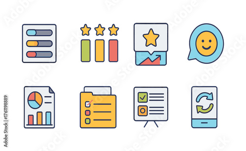 Business analytics icon set: data, report, chart, graph icons in flat style