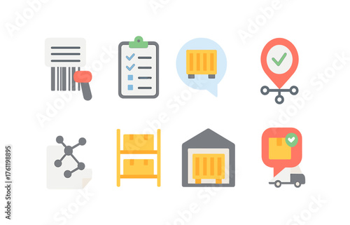 Logistics and warehouse flat icon set. Supply chain, inventory management icons