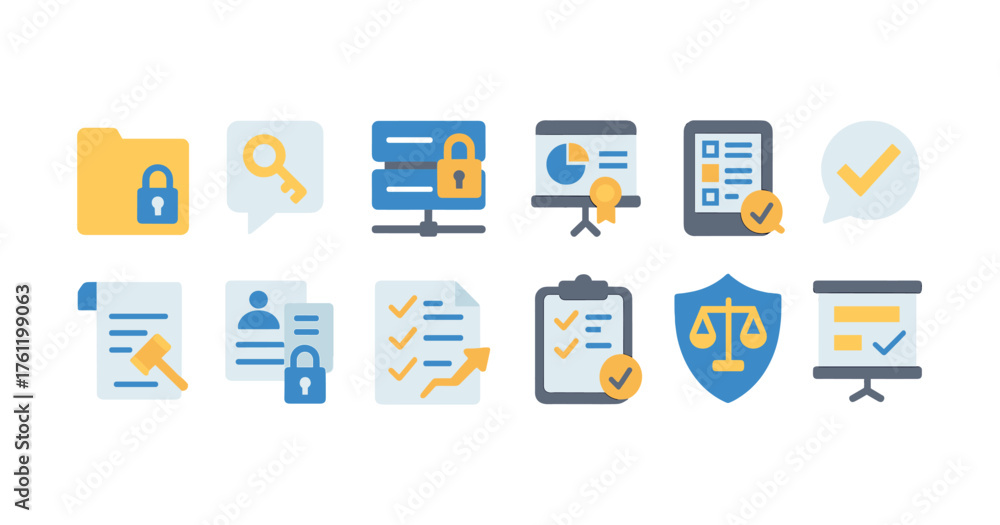 Fototapeta premium Security and privacy flat icon set for data protection and access control