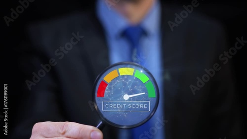 Businessman with magnifier showing excellent credit score level. Financial rating and credit approval concept animation
