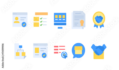 Business and management flat icon set. Workflow, achievement, partnership icons collection
