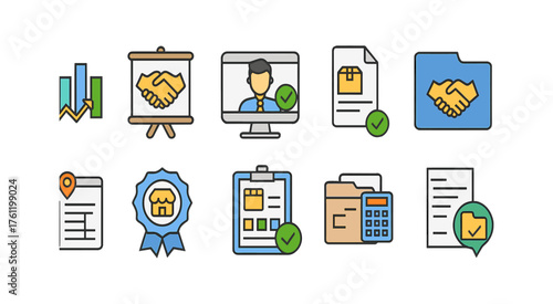 Business and finance flat icon set. Financial, management icons flat collection