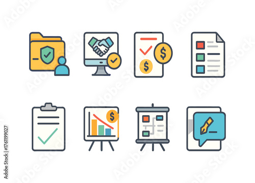 Finance and business outline icon set. Financial strategy, reports, secure transactions