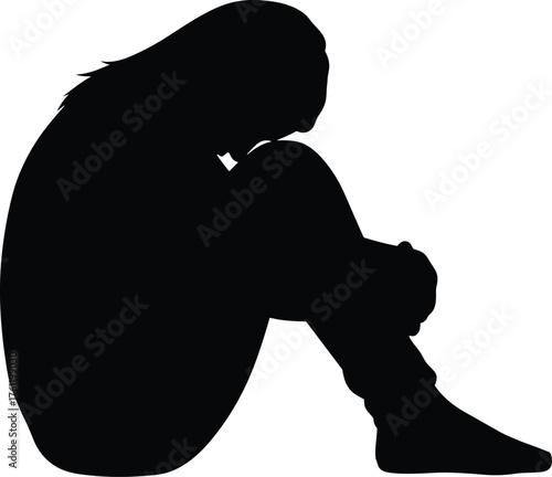 Person sitting in introspective pose silhouette cartoon illustration, symbolic emotion and expressive gesture artwork for lifestyle and wellness design