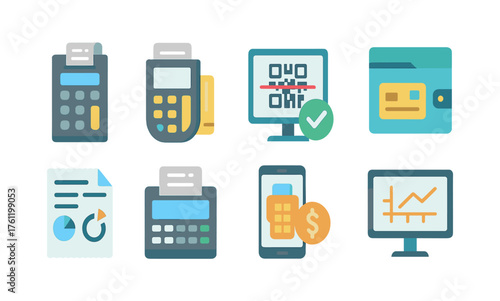 Fintech flat icon set. Digital payment, finance technology, online banking icons collection