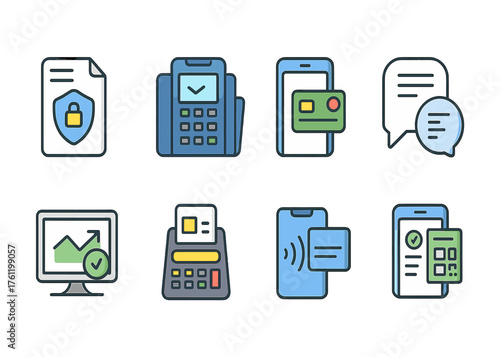 Finance and banking flat icon set. Payment, security, communication icons collection