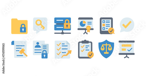 Security and privacy flat icon set for data protection and access control