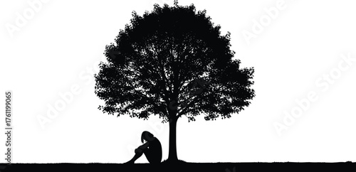 Person sitting under tree silhouette cartoon illustration, symbolic solitude and expressive gesture artwork for lifestyle and emotional design