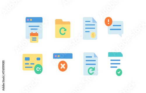 File management flat icon set. Folder, document, communication flat icons collection.