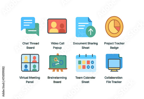 Business communication flat icon set. Virtual meetings and collaboration tools icons
