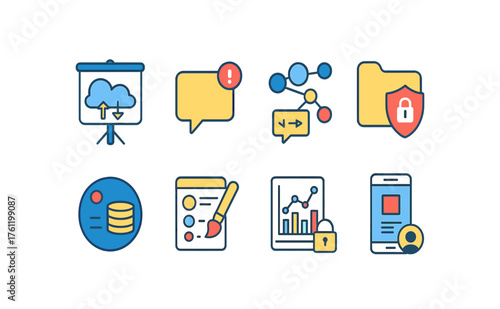 Data security and cloud computing flat icon set for it solutions