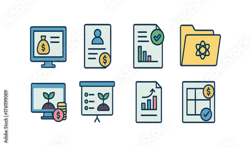 Finance and business outline icon set. Economic growth, investment symbols collection