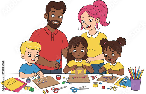 Family doing arts and crafts, cheerful children creating cardboard designs, colorful supplies, teamwork, bonding time, indoor activity, joyful learning, creativity, play