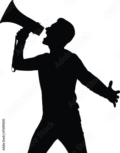 Person speaking through megaphone silhouette cartoon illustration, symbolic communication and expressive gesture artwork for lifestyle and design