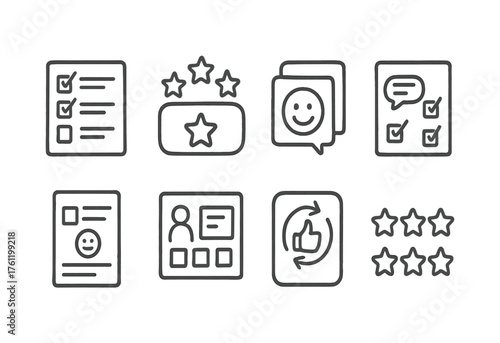 Review and feedback icon set, customer satisfaction evaluation icons, outline style
