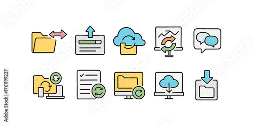 Data management icon set. Cloud computing, file sync, flat vector illustrations.