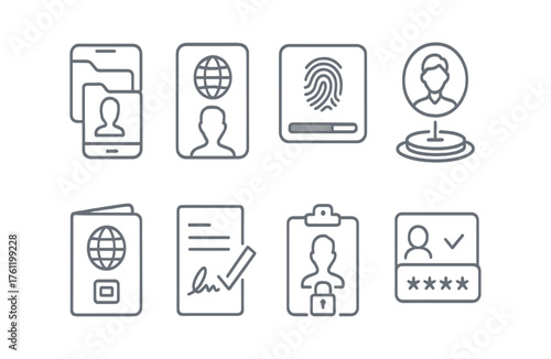 Travel and identification line icon set. Passport, security, identification line icons.