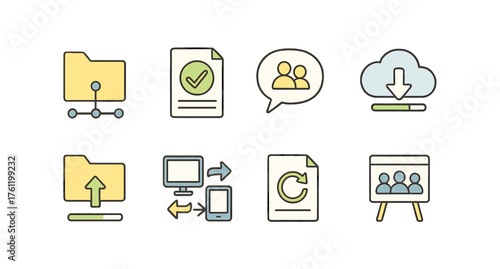 Data management outline icon set. Cloud storage, file sharing, upload, download symbols.