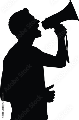 Person speaking into megaphone silhouette cartoon illustration, symbolic communication and expressive gesture artwork for lifestyle and design