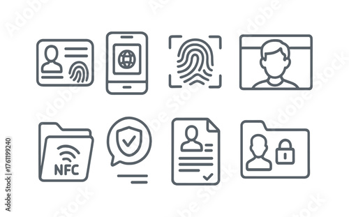 Identification and security line icon set. Fingerprint, user id, nfc icons outline collection.