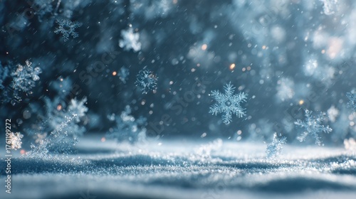 Wallpaper Mural blue snowflakes falling onto a snowy surface creating a winter wonderland scene Torontodigital.ca