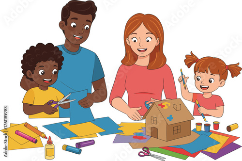 Family doing arts and crafts, cheerful children creating cardboard house, colorful supplies, teamwork, bonding time, indoor activity, joyful learning, creativity, play
