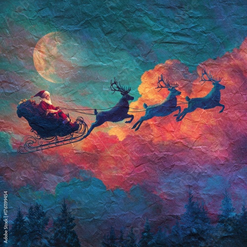 Santa Claus in a sleigh pulled by reindeer across a vibrant night sky with colorful clouds