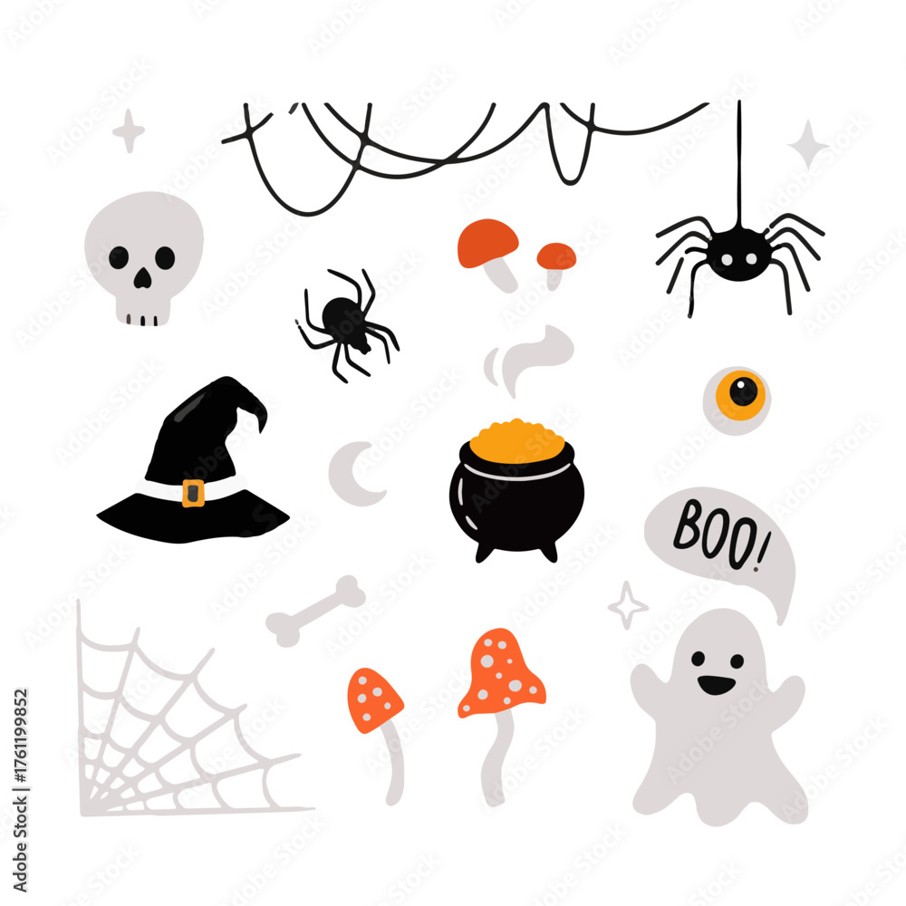 Fototapeta premium A cute holiday set, a set of Halloween elements with spiders, a pumpkin, a potion, ghosts, a frame, a skeleton and a hat.