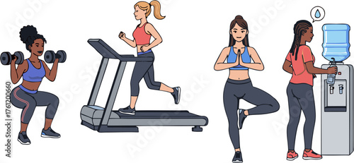 Illustrations of women engaging in various fitness activities including weightlifting, treadmill running, yoga, and drinking water