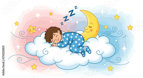Sweet dreams little one, sleeping soundly on a fluffy cloud under the watchful eye of the moon and stars, perfect for children's books and lullabies