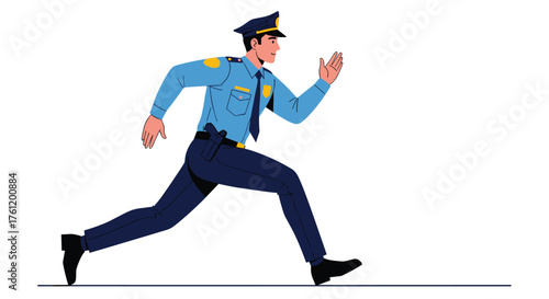 Energetic policeman running fast in pursuit, ideal for public safety campaigns or law enforcement training materials, showcasing action and determination