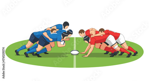 Dynamic rugby scrum illustration showing strength, teamwork, and competition in vibrant colors on a green field ready for action and victory